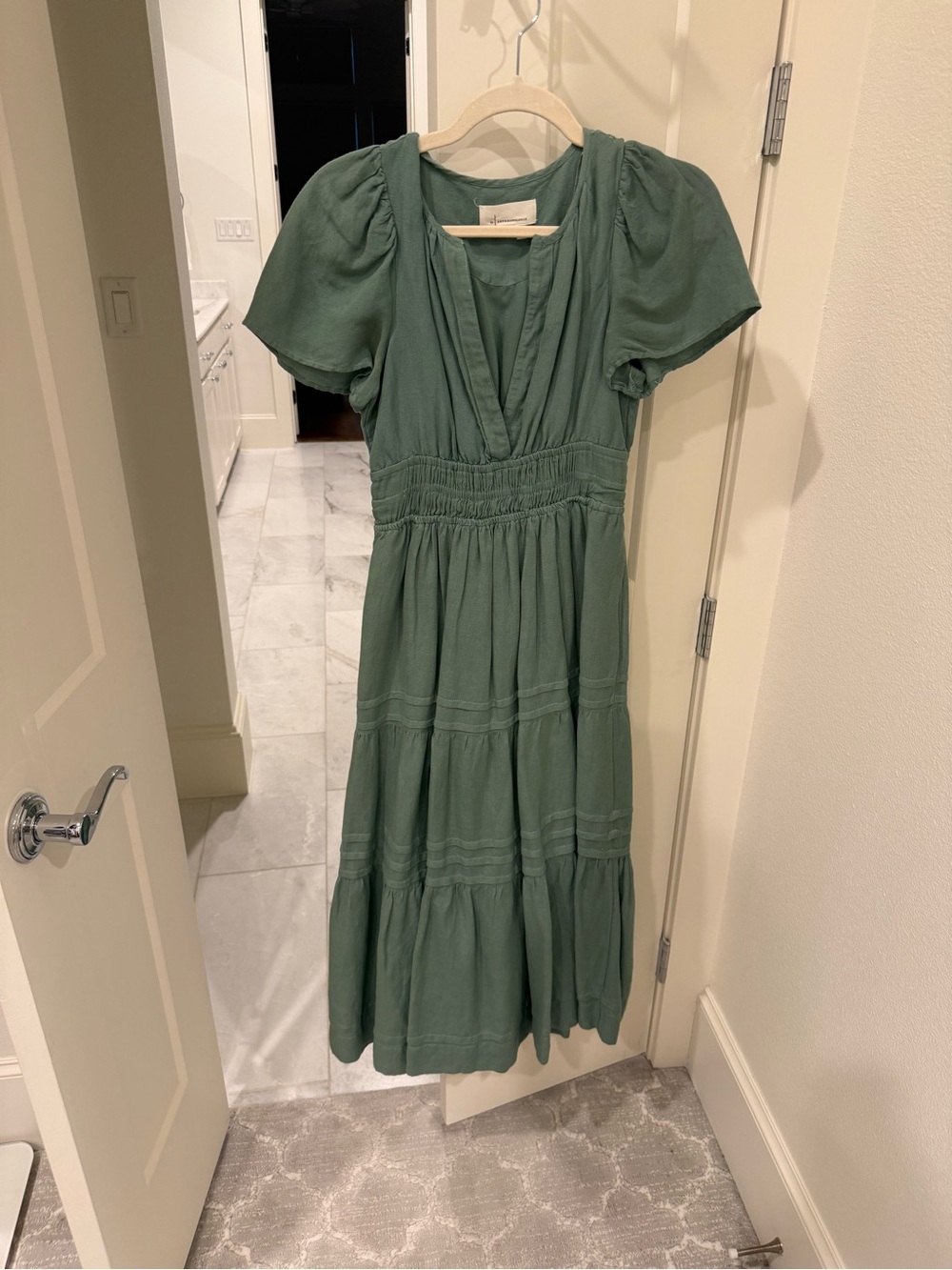 Anthropologie Sage Green Tiered Midi Dress with Puff Sleeves